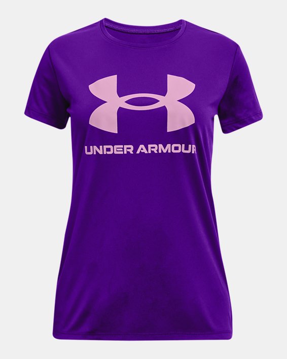 Girls' UA Tech™ Sportstyle Big Logo Short Sleeve, Purple, pdpMainDesktop image number 0